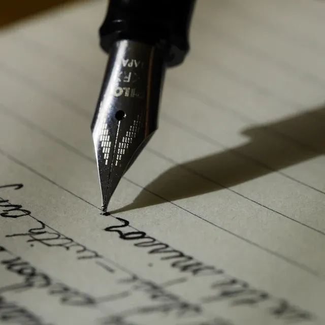 Plume de stylo posée sur un document manuscrit